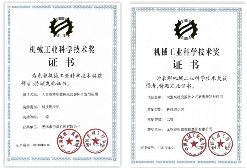 明鑫机床荣获中国机械工业科学技术奖项